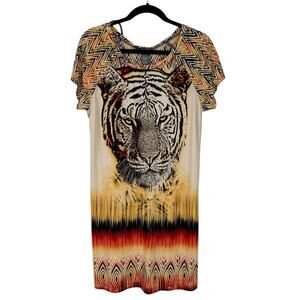 Bisou Bisou Big Cat Tiger Print Shift Dress size 8 Stretchy Slinky Knit Pullover